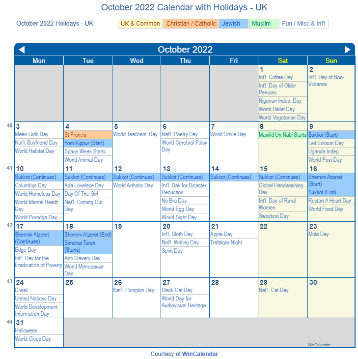 Print Friendly October 2022 UK Calendar for printing
